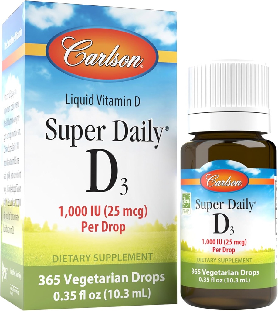 Carlson - SuperDaily D3, σταγόνες βιταμίνης D, 1.000 IU (25 mcg) ανά Σταγόνα, 1-Ετος Προμήθεια, Βιταμίνη D3 Υγρή, Καρδιά & Ανοσοποιητική Υγεία, Χορτοφαγική, Υγρή Βιταμίνη D3 σταγόνες, Άγευστη, 365 σταγόνες