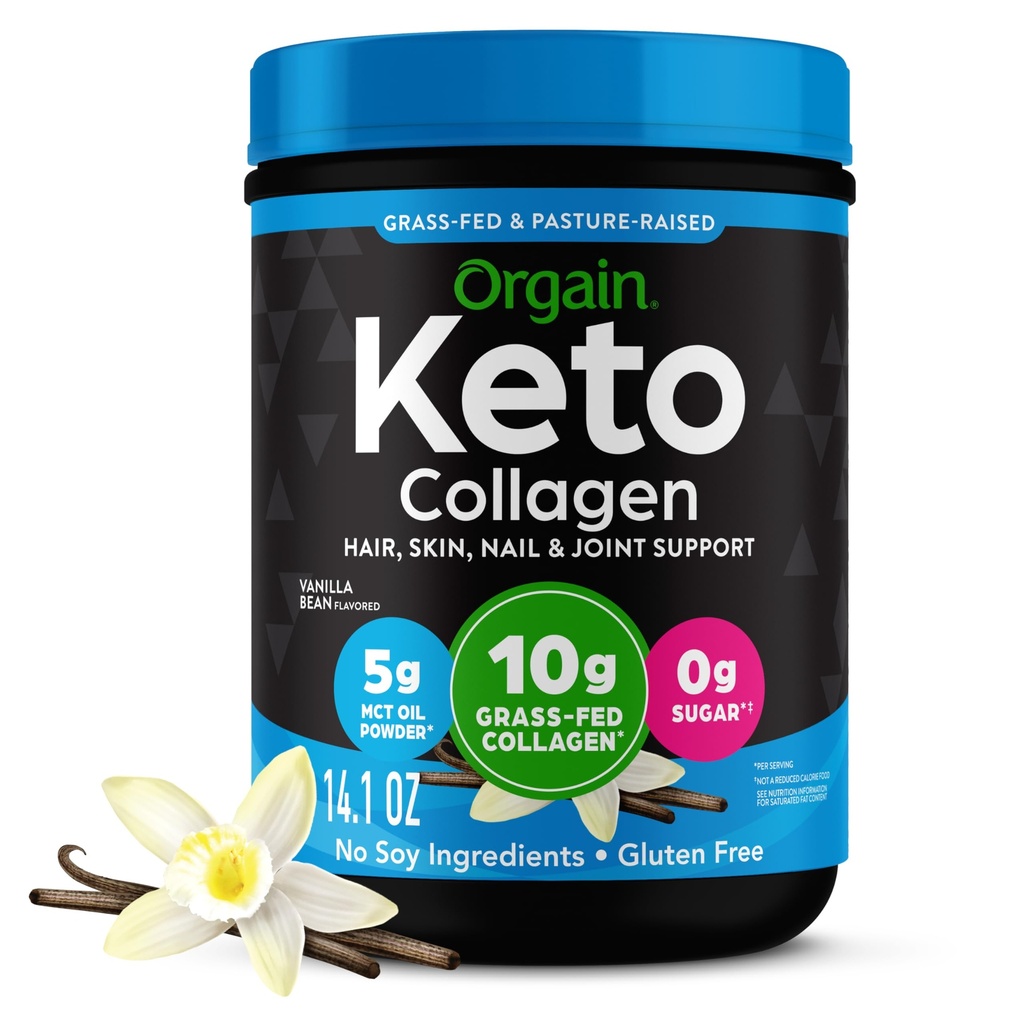 Orgain Keto Collagen Protein Powder, Vanilla - 10g Grass Fed Hydrolyzed Collagen Peptides for Women & Men, Type I & III, 5g MCT Oil - Hair, Skin, Nail, & Joint Support, Non-GMO, Gluten Free - 0.88lb