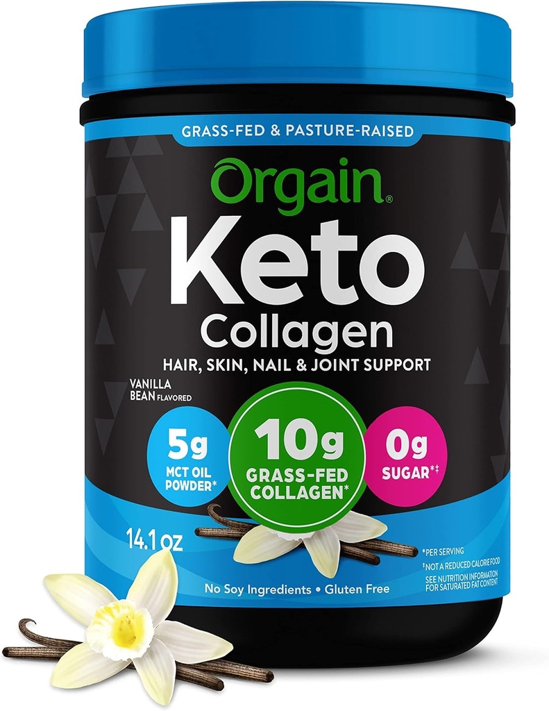 Orgain Keto Collagen Protein Powder, Vanilla - 10g Grass Fed Hydrolyzed Collagen Peptides for Women & Men, Type I & III, 5g MCT Oil - Hair, Skin, Nail, & Joint support, Non-GMO, Gluten Free - 0,88lb