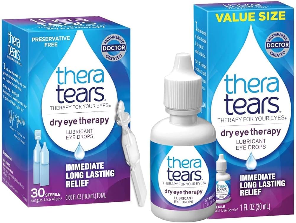 TheraTears Θεραπεία με ξηροφθαλμία Λιπαντικές σταγόνες ματιών για ξηροφθαλμία, συντηρητικές σταγόνες ματιών, 30 φιαλίδια μιας χρήσης & σταγόνες ματιών για ξηροφθαλμία, 1.0 Fl Oz