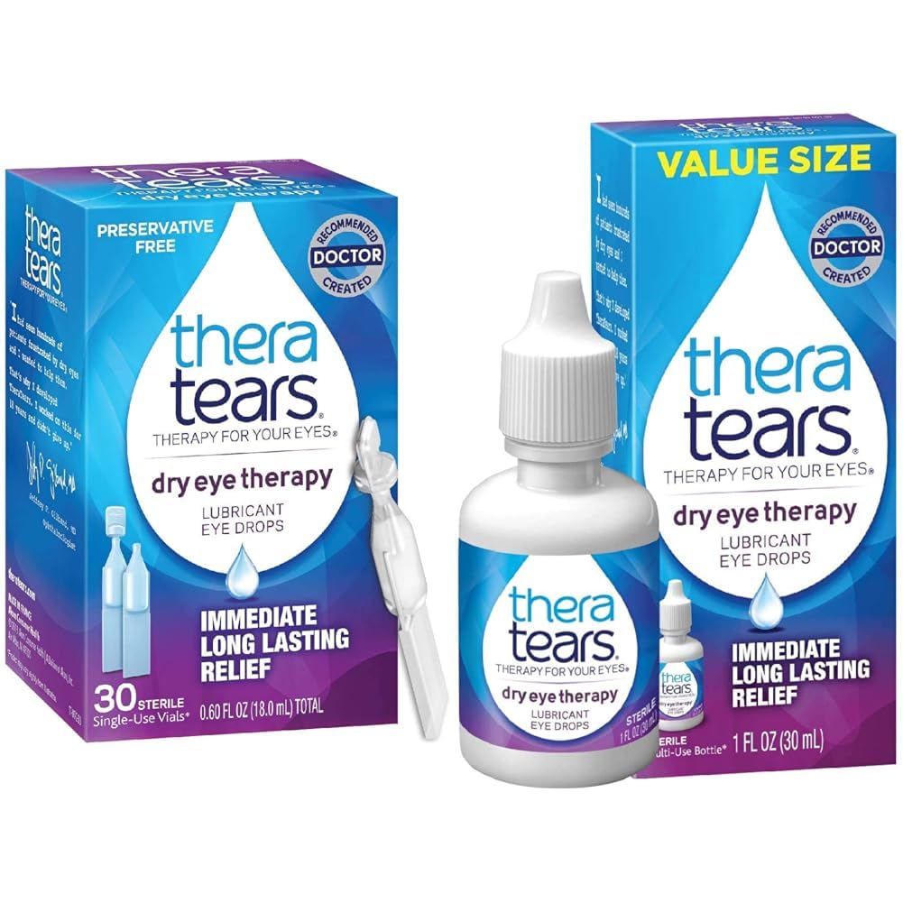 TheraTears Dry Eye Therapy Lubricating Eye Drops for Dry Eyes, Preservative Free Eye Drops, 30 Single-Use Vials & Dry Eye Therapy Eye Drops for Dry Eyes, 1.0 Fl Oz