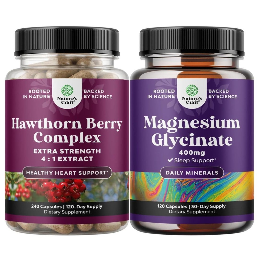 Natures Craft Sche of Extra Strength Hawthorn Capsule Capsules - Extract Digestion and Heart Health Supplement and Pure Magnezyum Glycinate 400mg Per Mood Sleep and Relaxation