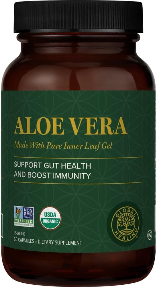 Global Healing Aloe Vera Bio-Active Organic Leaf Supplement - Acemannan'ın En İyi Teşviki - Aloin-Free - Gut Health & Immune Support - 60 Capsules