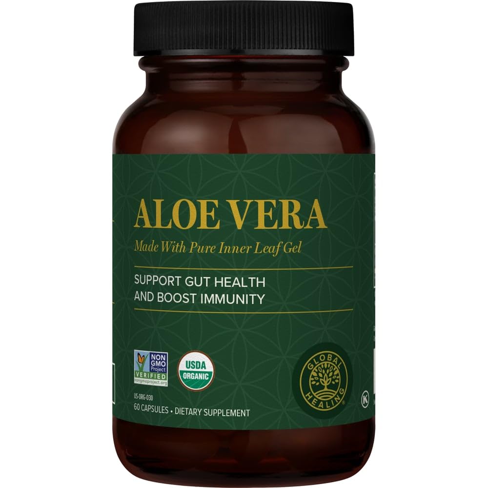 Global Healing Aloe Vera Bio-Active Organic Leaf Supplement - Acemannan'ın En İyi Teşviki - Aloin-Free - Gut Health & Immune Support - 60 Capsules
