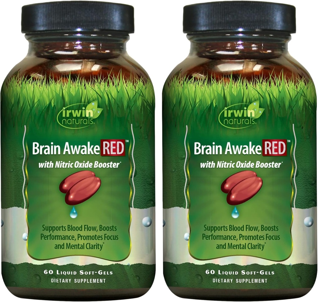 Irwin Naturals Brain Awake RED with Nitric Oxide Booster - 60 Liquid Soft-Gels, Pack of 2 - Υποστήριξη Brain Health & Optimize Performance - 40 Σύνολο εξυπηρετήσεων
