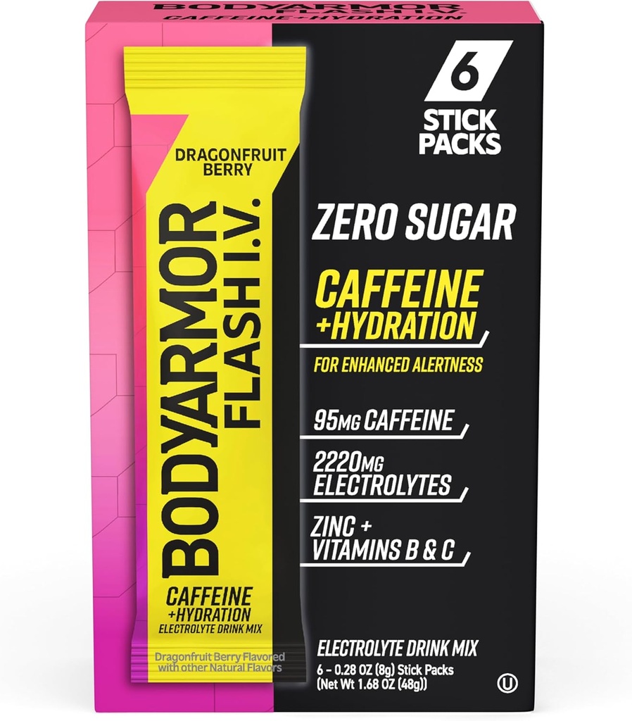 BODYARMOR Caffeinated Flash I.V. Electrolyte Packets - Dragonfruit Berry - Zero Sugar Energy Drink Mix, Single Serv Packs, Hydration for Pre Education, Travel Essentials, Active Lifestyle (6 Count)