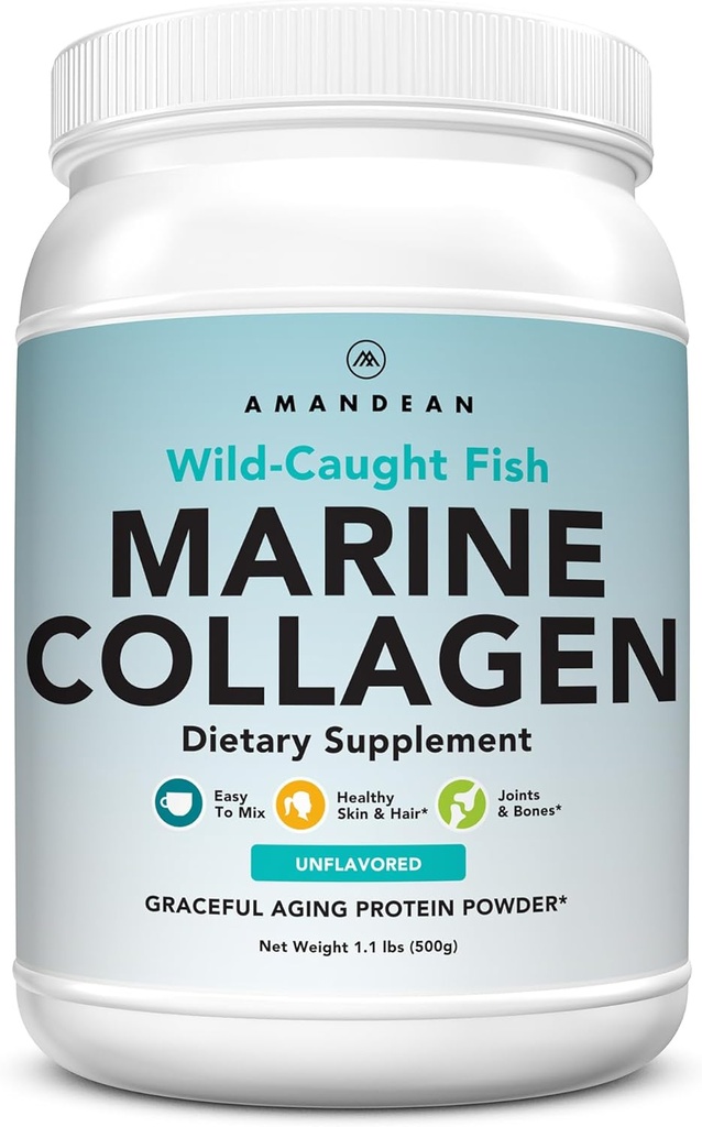 AMANDEAN Marine Collagen. Toz. 500g Wild-Caught Hydrolyzed Fish Collagen Supplement. Tip 1 & 3 Kolajn proteini. 18 Deri, Saç, Nails için asitler.
