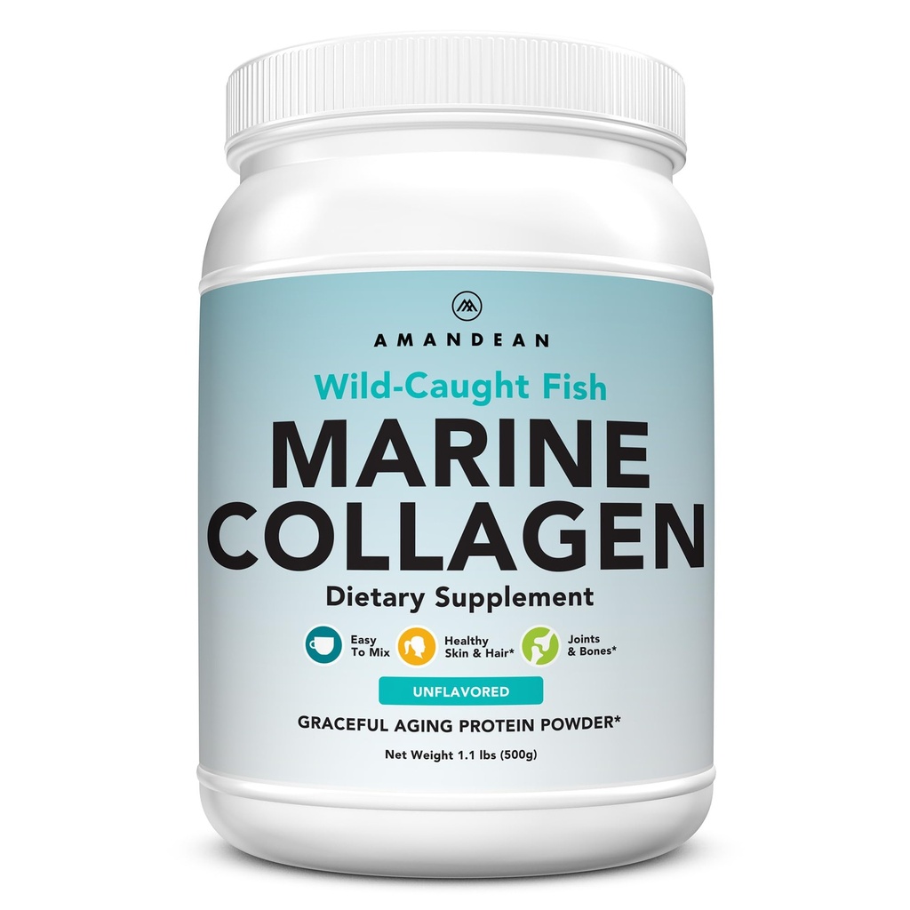 AMANDEAN Marine Collagen. Toz. 500g Wild-Caught Hydrolyzed Fish Collagen Supplement. Tip 1 & 3 Kolajn proteini. 18 Deri, Saç, Nails için asitler.