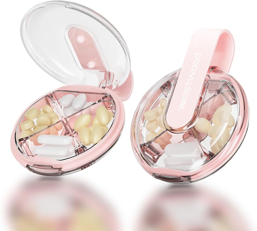1 Pack Easy-to-Hold Small Round Pink Pill Organizer with Dekoratif Raf, 4 Karşılaştırma, Compact Travel Pill Box Case, Portable and Moistureproof to Store Vitamins, Drug and Supplements