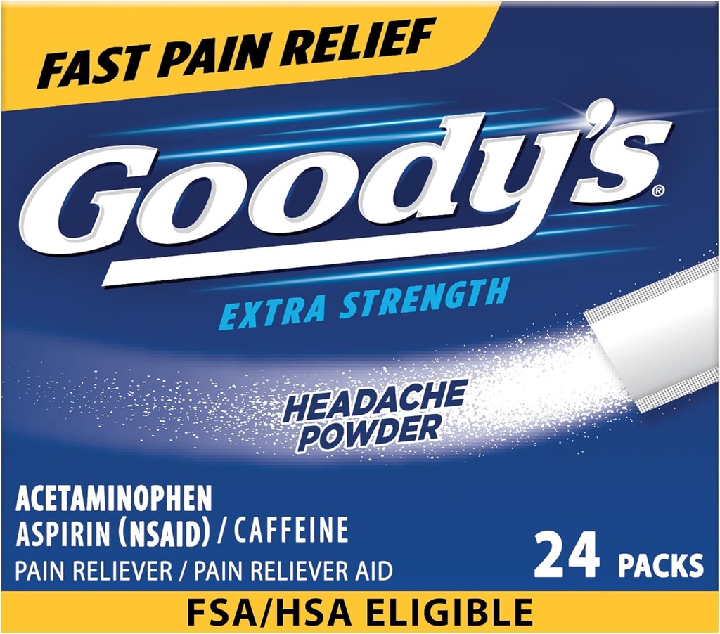 Goody's Headache Toz Ekstra Güçlü Ağrı Yardımı, Triple Action Headache Relief with aspirin, Acetaminophen & Caffeine, 24 Kont Count Count