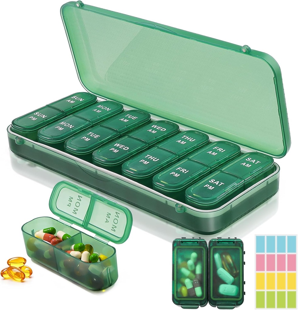 Weekly Pill Organizer 2 φορές την ημέρα + 2 αποσπώμενα χάπια οργανωτές σετ - AM PM Travel Pill Organizer for Vitamin Medicine Supplement Fish Oil, Green Daily Pill Υπόθεση 2 φορές την ημέρα