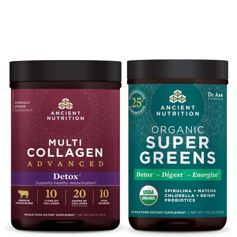 Eski Beslenme Multi Collagen Advanced Toz Cleanse & Detox, Unflavored, 36 Hizmet + Organik SuperGreens Toz, Greens Flavor, 25 Hizmetler