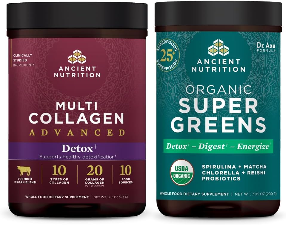Eski Beslenme Multi Collagen Advanced Toz Cleanse & Detox, Unflavored, 36 Hizmet + Organik SuperGreens Toz, Greens Flavor, 25 Hizmetler