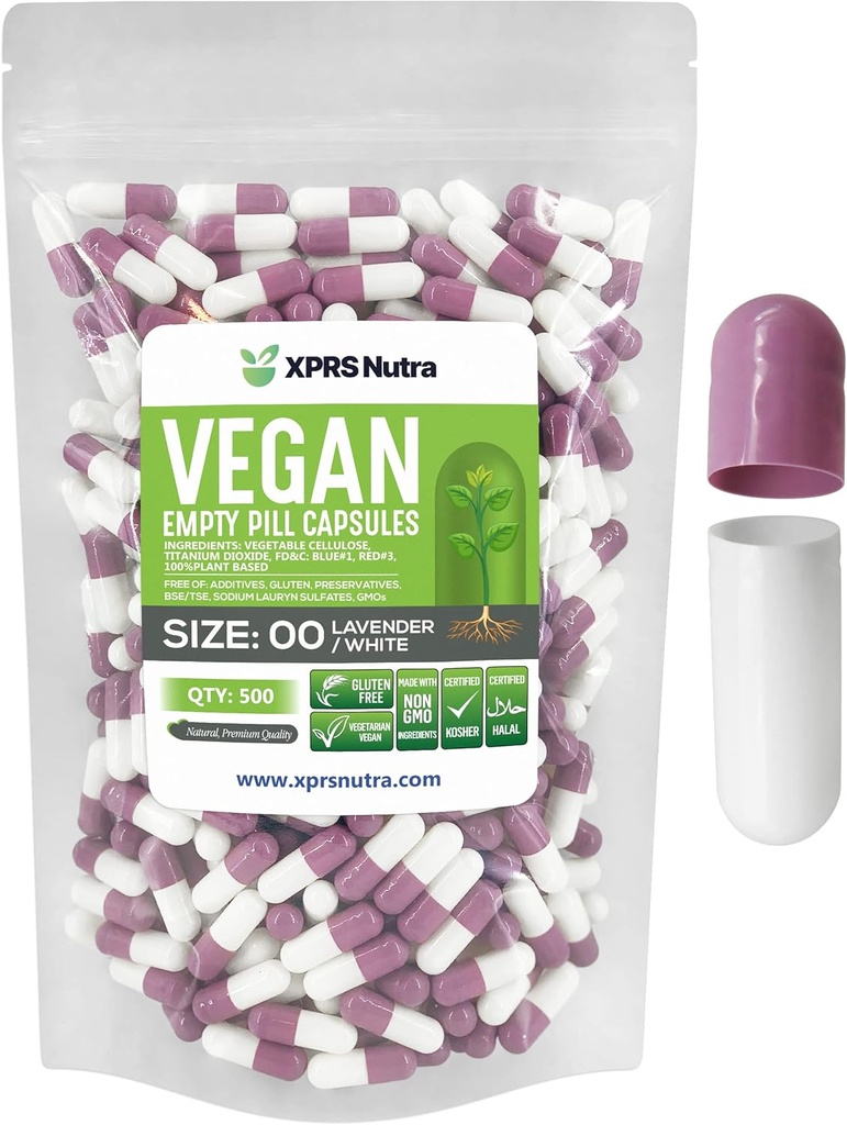 XPRS Nutra Μέγεθος 00 Κενές κάψουλες - 500 Count Empty Vegan Κάψουλες - Χορτοφαγικά Άδεια Χάπια - DIY Καψάκιο Φυτικών Γέμισμα - Veggie Καπάκια Χάπια (Lavender/White)