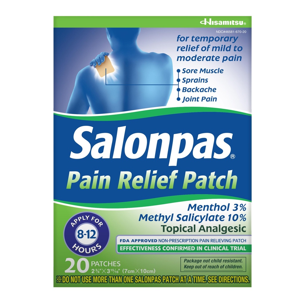 Salonpas Pain Relief Patch, 20 Count (Pack of 1), Έως 12 Ώρες Προσωρινή Ανακούφιση του Ήπιου σε Μέτριο Πόνος, Πόνος, Πονηρός Μυς, Διαστρεβλώσεις, Μώλωπες