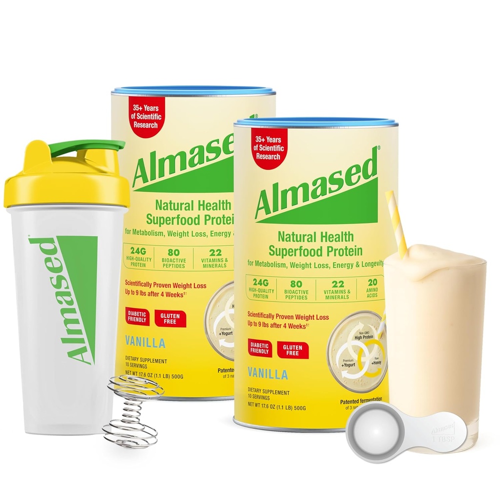 Almased Meal Replacement Shakes for Weight Loss - Protein Powder - Starter Kit (Almond Vanilla Flavor, 2 Cans of 17,6 oz + Shaker Bottle + Scoop)