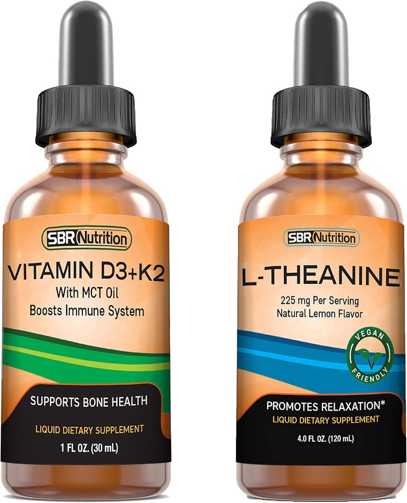 SBR Beslenme D3+K2 ve L-Theanine Log D3K2 (MK7) Sıvı Öpücüler, Peppermint, 1oz | L theanine 225 mg Liquid Drops, 2oz | Yetişkinler & Çocuklar | Gluten Ücretsiz