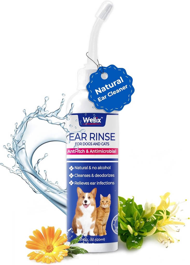 Wellix 120ml Καθαριστικό Αυτιών για Σκύλος & Γάτα - Θεραπεία Λοίμωξης Αυτιών Χωρίς Ερεθισμό - Πλύσιμο Αυτιών Σκύλων για Ανακουφισμό & Καταπραϋντική Φλεγμονή - Κερί Αυτιών, Σκόνη και Σταγόνα Απομάκρυνσης Οντόρ