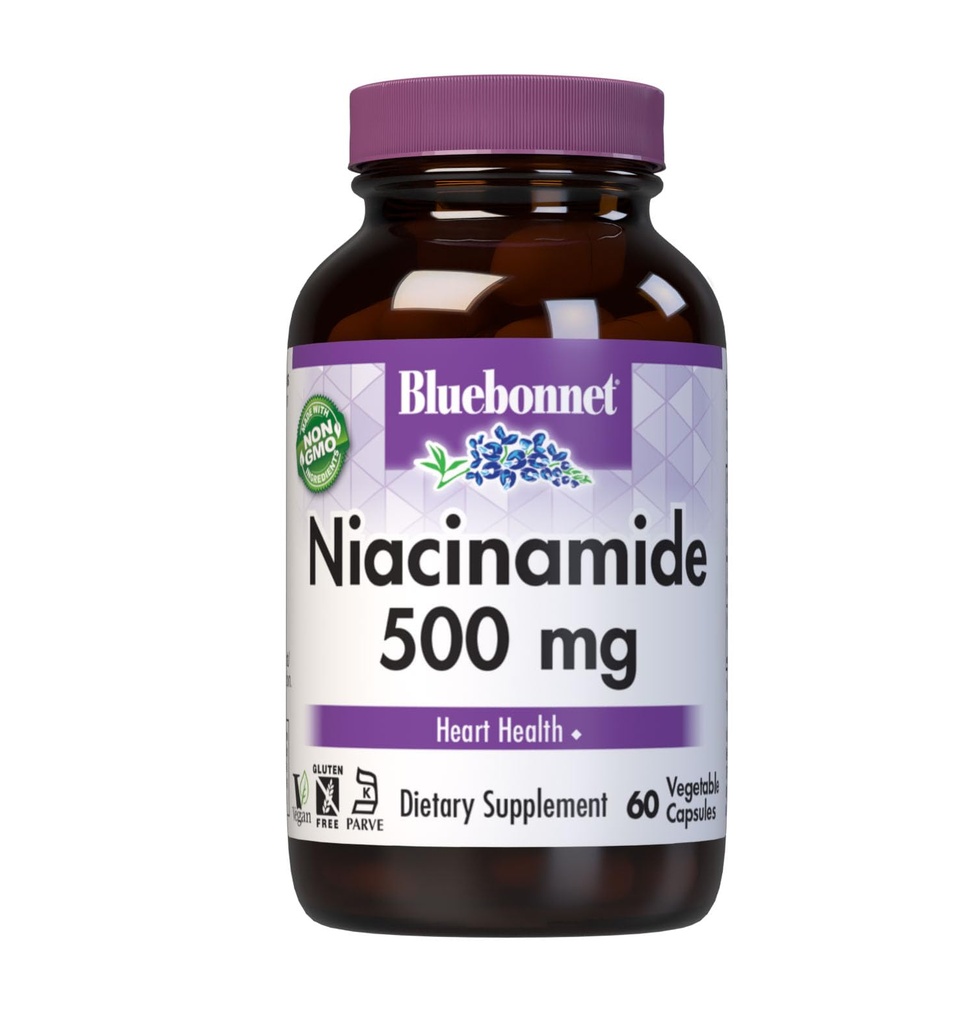 Bluebonnet Beslenme Niacinamid 500 mg, Destekler Cardiovascular Sağlık*, Soy-Free, Gluten-Free, Non-GMO, Kosher sertifikalı, Süt-Free, Vegan, 60 Sebze Capsule, 60 Hizmet
