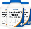 Nutricost Betaine HCl + Pepsin 790mg, 240 Capsules, 3 Şişe (720 Capsules)