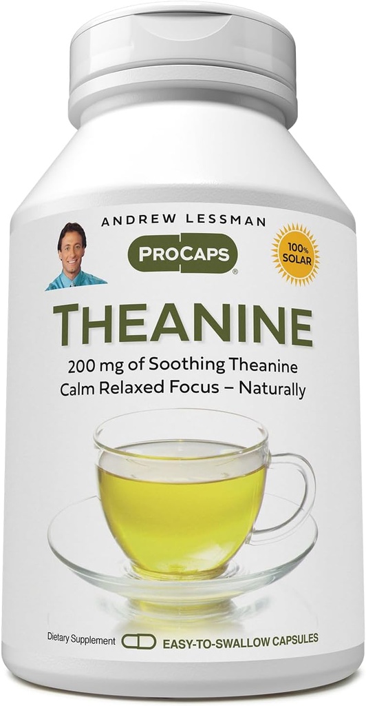 ANDREW LESSMAN Theanine 200 mg - 360 Capsules - The Neurotransmitters Dopamine ve Serotonin üretimini teşvik eder. Doğal Calm, Drowsiness olmadan Rahatsız Focus. Easy-to-Swallow Capsules.