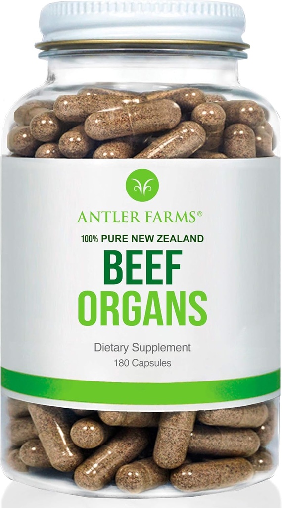 Antler Farms - 100% Pure New Zealand Beef Organları - Kalp, Liver, Kidney, 180 Capsules, 400 mg - Grass Fed, Cold Processed Supplement, Pure and Clean rBGH Free, No Fillers veya Katkılar