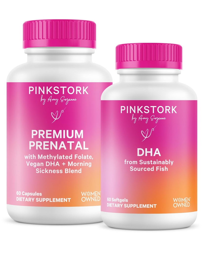Pink Stork Premium Prenatal Duo: Premium Prenatal Vitamin + DHA, Kadınlar için Prenatal Probiyotikler, Omega 3 + Fish Oil, Prenatal Vitamin DHA ve Folic Acid, Women-Owned