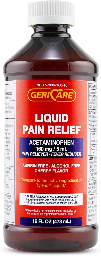 GeriCare Liquid Acetaminophen for Yetişkinler & Çocuklar için, 16oz Şişe Cherry Flavored Acetaminophen for Headache, Kas Ache, Toothache, Menstrual Pain-install, 5 ml