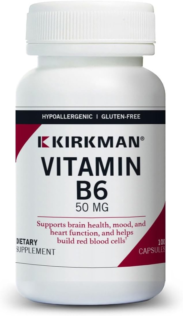 Kirkman Vitamin B-6 50 mg - Hipoallergenik - 100 Vegetarian Capsules - Gluten/Casein Free