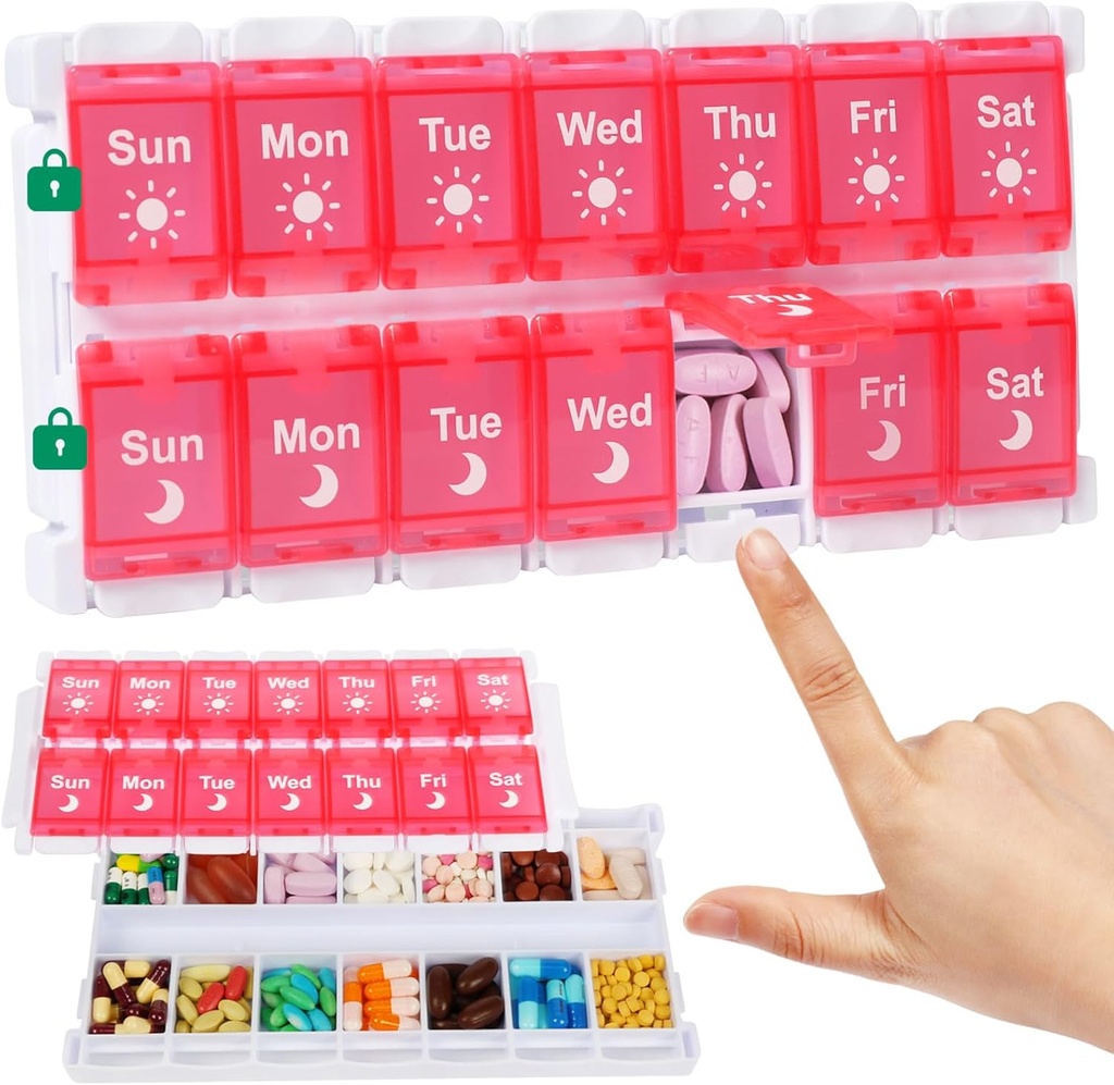 Shintop Weekly Pill Organizer 2 φορές, Pink Pill Box Push Button Καθημερινή περίπτωση βιταμίνης Easy Fill Morning Night Medicine Organizer for Fish Oil Συμπληρώματα