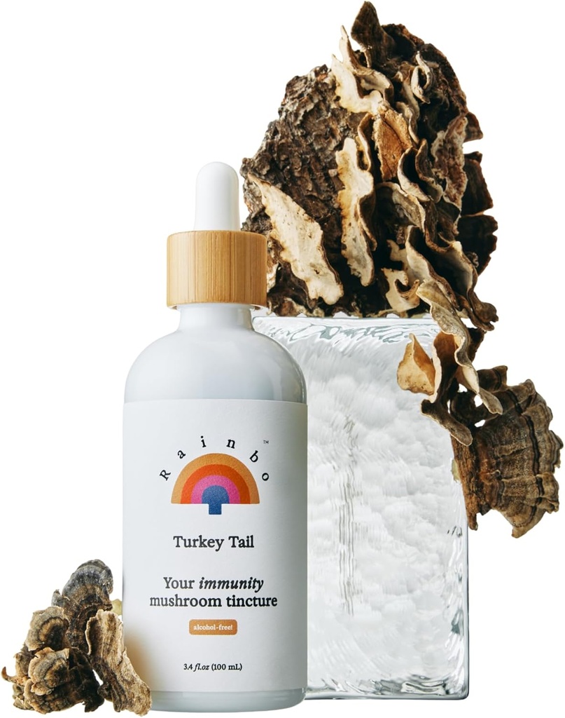 Rainbo - Türkiye Tail Mushroom Tincture - Alkol Ücretsiz - Çift Türlü Mushroom Supplement - Immune Support, Gut Health, Liquid Turkey Tail Supplement, Vegan, GMO, 3.4 fl ozz