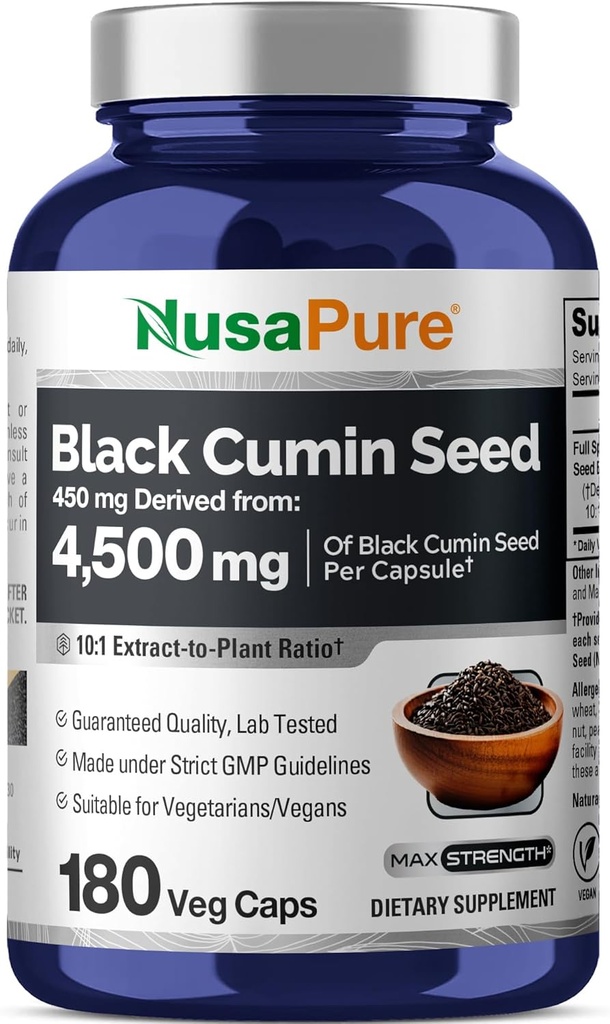 NusaPure Full Spectrum Black Cumin Tohum 10:1 Ekstraksiyon, 450 mg 4,500 mg 180 Veggie Toz Caps Non-GMO, Vegan Non-Oily