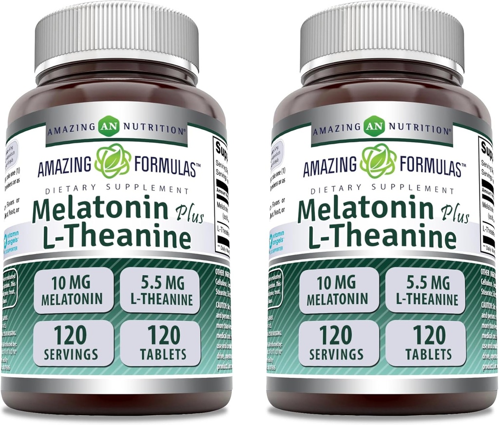 Amazing Formulas Melatonin 10 Mg Plus L-Theanine 5.5 Mg Supplement | 120 Tablet | Non-GMO | Gluten Free | Made in USA | Pack of 2