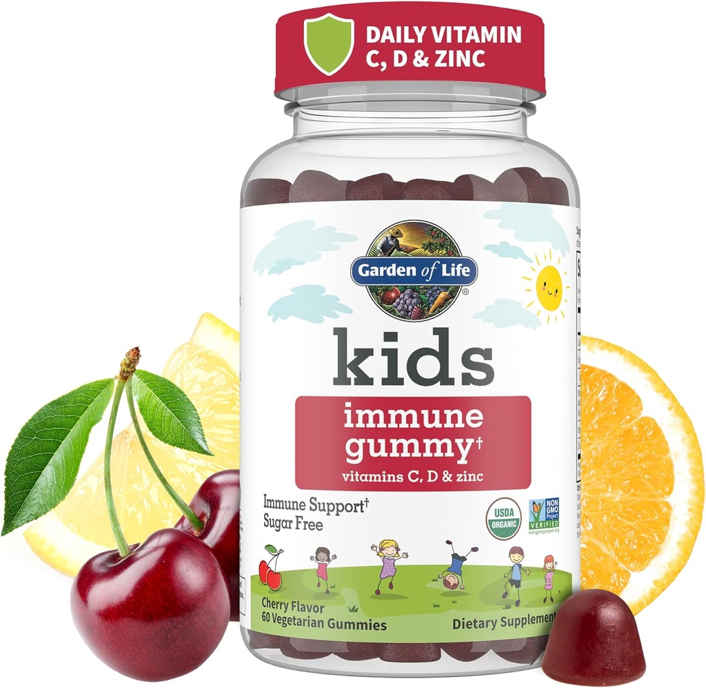 Life Kids Immune Support Gummies with Vitamin C, D as D3 & çinko for 3-in-1 Daily Children's Immunity – Organic, Non-GMO, Gluten-Free, Vegetarian, Sugar Free, Cherry, 30 Day Supply
