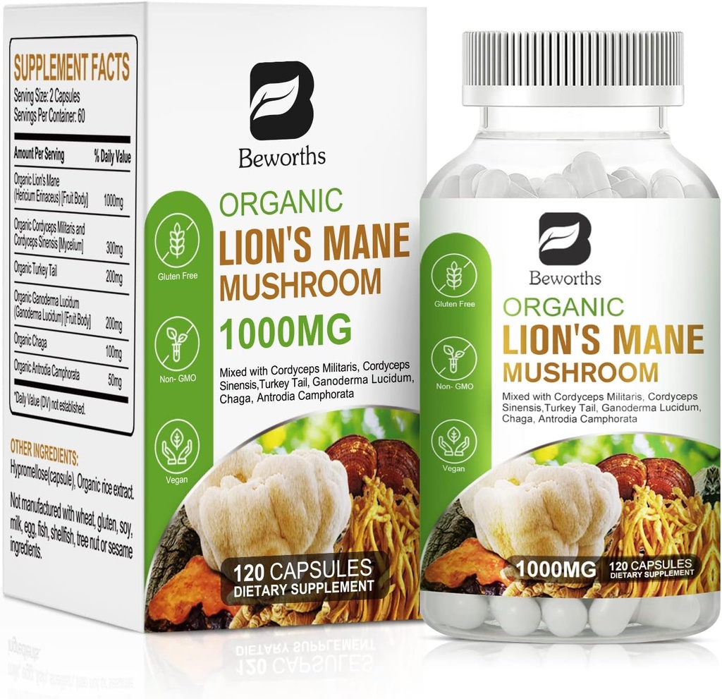 Lion's Mane Mushroom - 120 Capsules | Organik Lions Mane Türkiye Tail Mushroom Supplement Kompleksi | Cordyceps, Chaga, Türkiye Tail, Reishi | Ruh Clarity, Focus Memory, Brain & Immune Boost