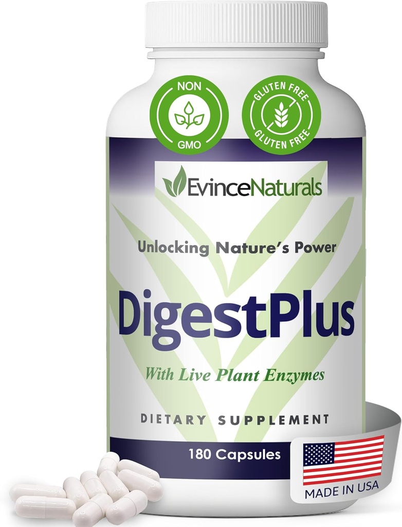 DigestPlus Digestive Enzymes - Φυτικά ένζυμα για την υποστήριξη της πέψης, βοηθά στη μείωση της ροής και αερίου - Pure Enzyme Formula για τη θρεπτική απορρόφηση - συμπλήρωμα πέψης, 180 κάψουλες