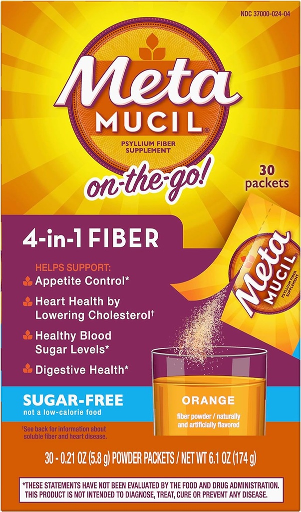 Metamucil Fiber 4-in-1 Psyllium Fiber Supplement Sugar-Free Toz Single-Serve Packets Orange Flavored Drink 2 Box of 30 Packets (OLD)