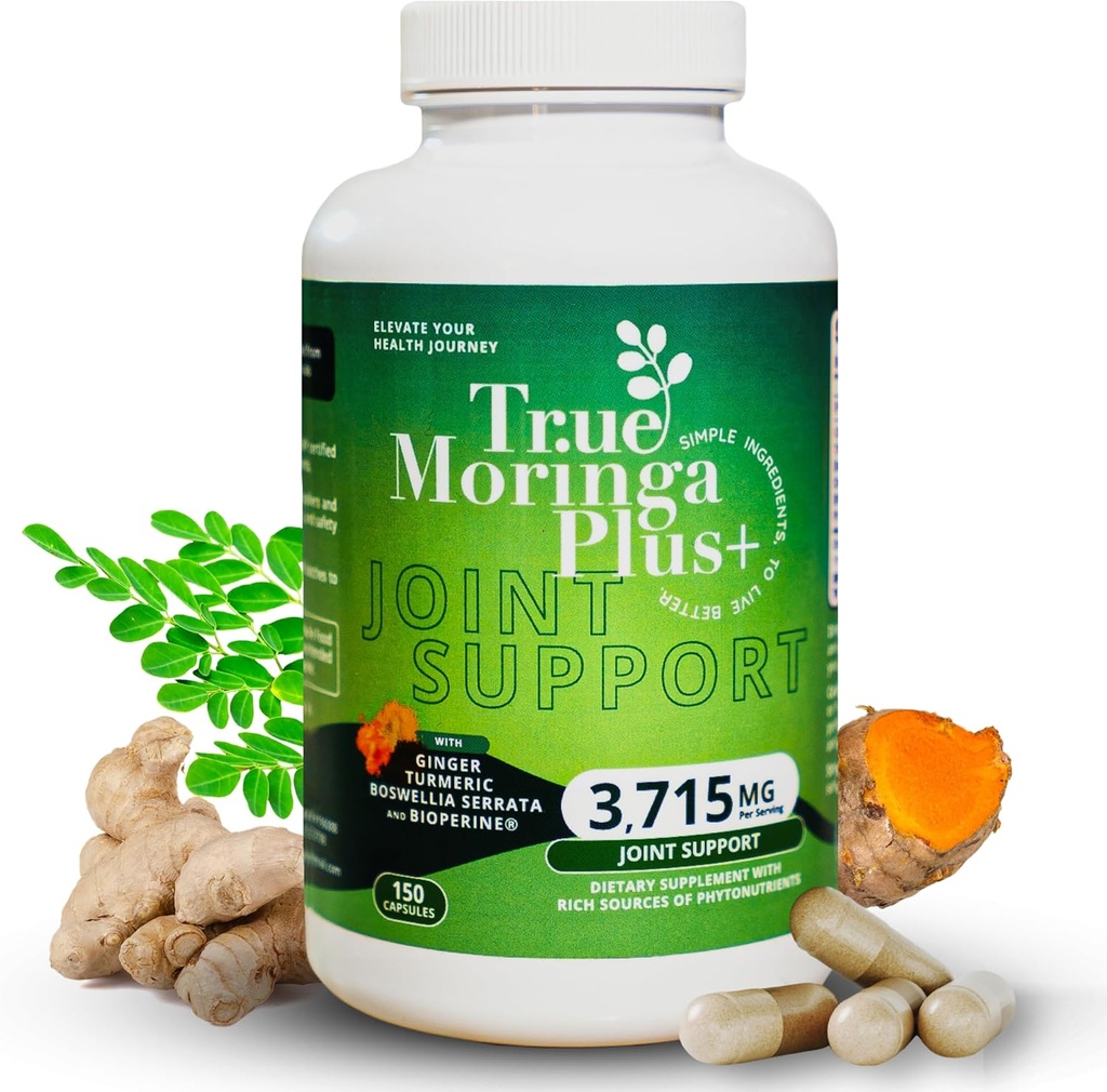 True Moringa Plus+ Joint Support Supplement 10:1 Extract | 20.000 mg of Organic Moringa, Turmeric Curcumin, Ginger, Boswellia, BioPerine | Ekstra Güçlü Herbal Antioksit Yetişkinler (150 Capsules)