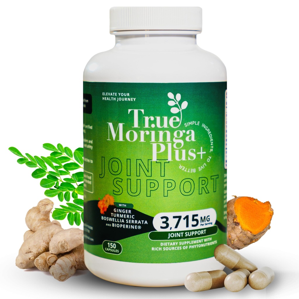 True Moringa Plus+ Joint Support Supplement 10:1 Extract | 20.000 mg of Organic Moringa, Turmeric Curcumin, Ginger, Boswellia, BioPerine | Ekstra Güçlü Herbal Antioksit Yetişkinler (150 Capsules)