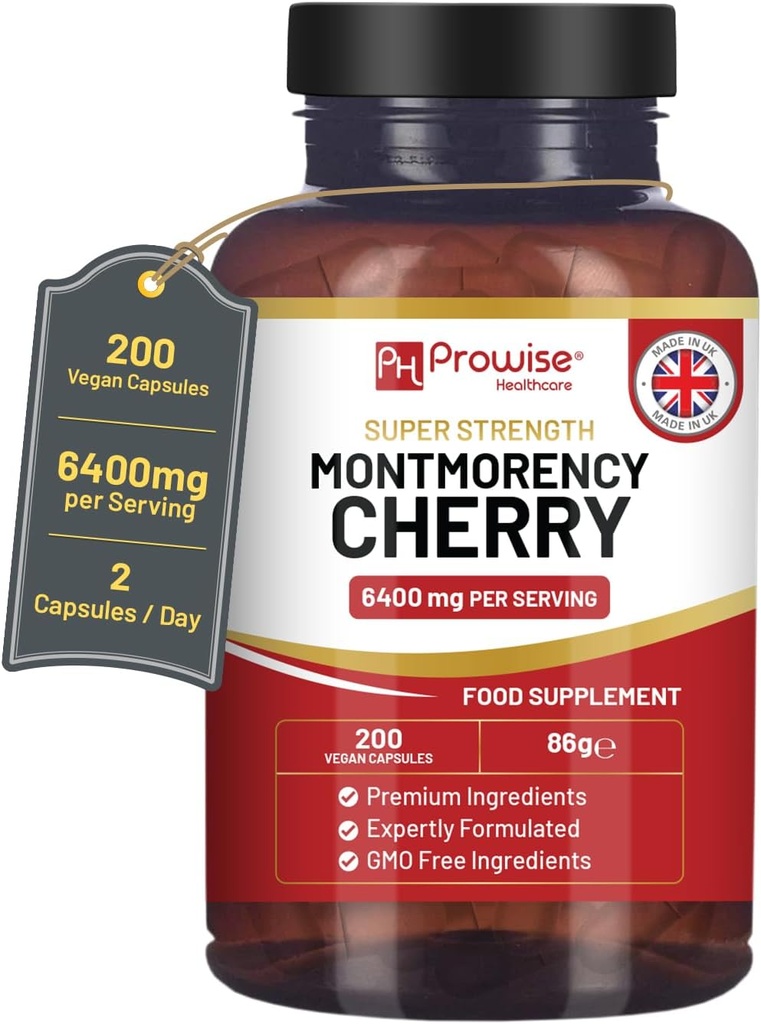 Montmorency Cherry 6400mg - 200 Tart Cherry Capsules - Natural Tart Cherry Extract Supplement for Men & Women – Super Strength, Gluten Free, Vegan and GMO Free - Made in The UK by Prowise