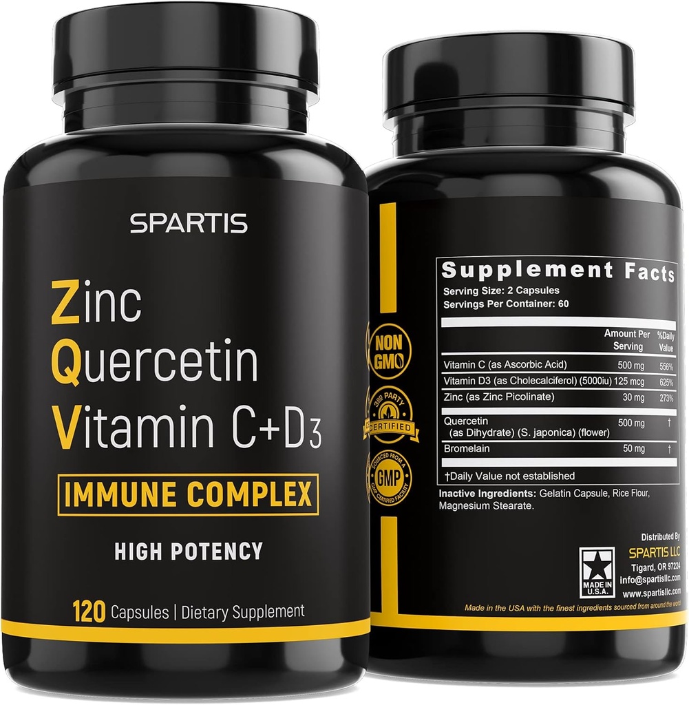 Çinko Quercetin 500 mg C Vitamin D3 Bromelain Immune Support High Potency Quercetin çinko Tamam ZQV by SPARTIS (120-Caps'ta 1 Şişe paketi)