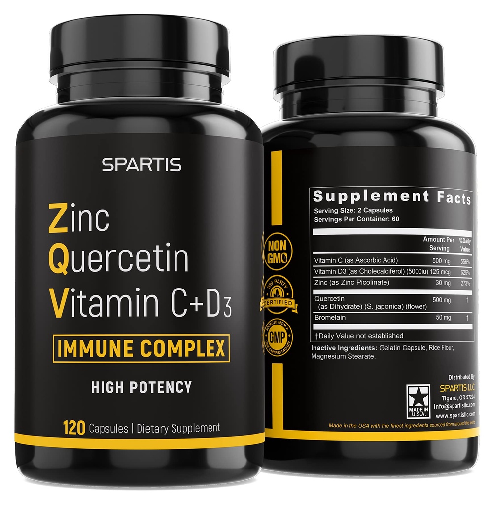 Ψευδάργυρος Quercetin 500mg με βιταμίνη C βιταμίνη D3 Bromelain Ανοσοποιητική υποστήριξη υψηλής ισχύος Quercetin συμπλήρωμα ψευδάργυρου ZQV από SPARTIS (συσκευασία 1 φιάλη στα 120-Caps)