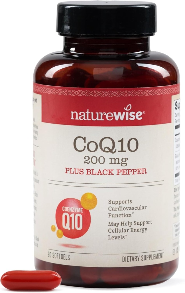 NatureWise CoQ10 200 mg + Black Pepper Softgels - High Abpole Coenzyme Q10 + Black Pepper - Heart Health + Cellular Energy - Vegan, Non-GMO, Gluten-Free - 90 Count[90-Day Supply]