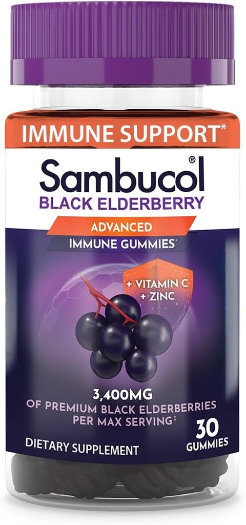 Sambucol Black Elderberry Gummies - Yetişkinler için çinko ve Vitamin C ile Yaşlılar, Sambucus Gummies, Immune Support - 30 Count