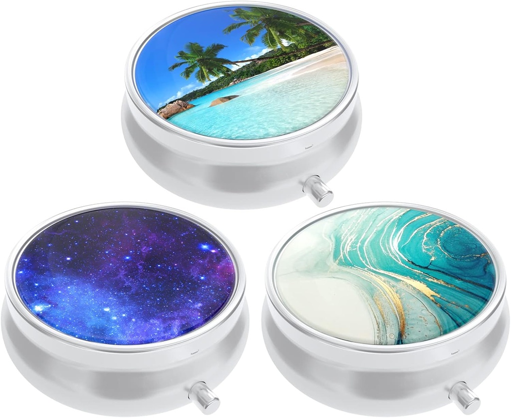3 Pack Pill Box, Purse & Pocket için Küçük Pill Vakası, Cute Travel Medicine Organizer, Portatif Tıp Konteyneri Vitaminleri, İlaçları, Fish Oil & Supplement, Beach & Galaxy Medicine
