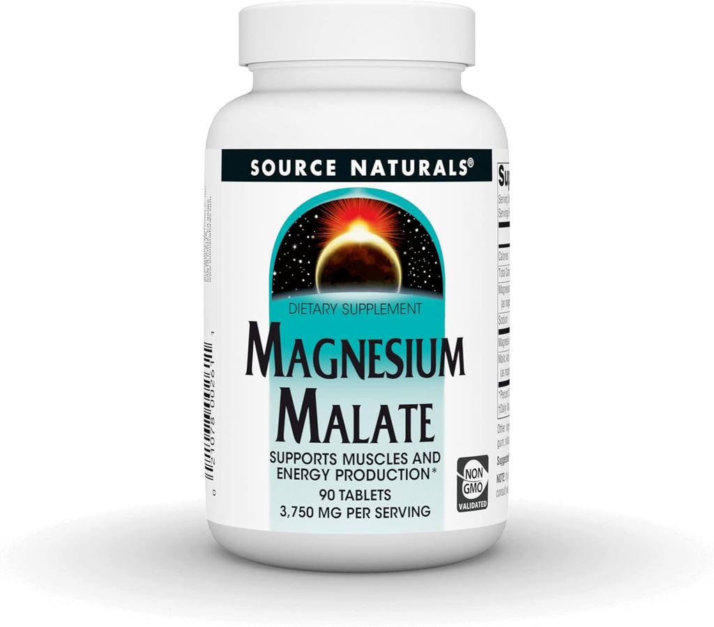 Source Naturals Magnezyum Malate, Supports Muscles and Energy Production*, NonGMO, Vegetarian Friendly Supplement, 3,750 MG per Service - 90 Tabletler ve Enerji Üretimi *, NonGMO, Vegetarian Friendly Supplement, 3,750 MG
