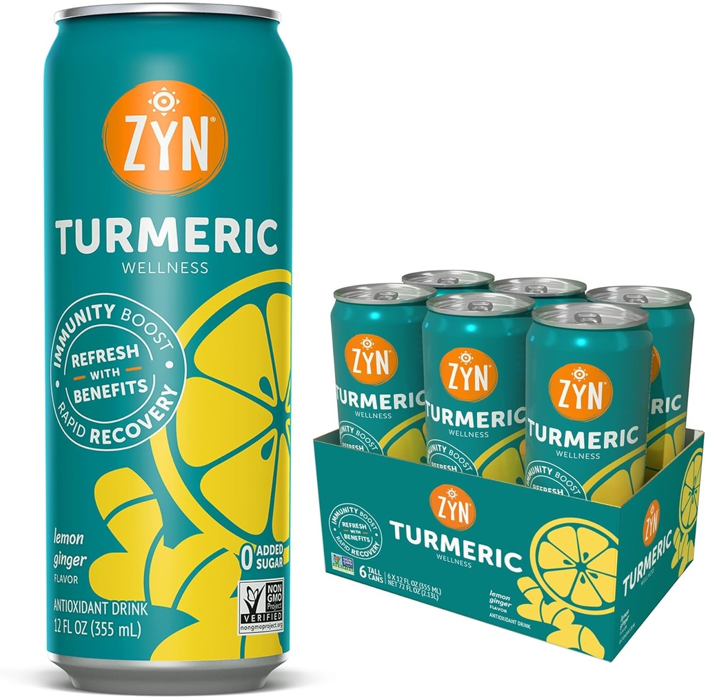 ZYN Turmeric Wellness Drink (6 Pack), Lemon Ginger Flavored Turmeric Curcumin Drink with Black Pepper, Nodrew Sugar, Low Carb & Low Calorie Drink, Clean Alternative Alternative