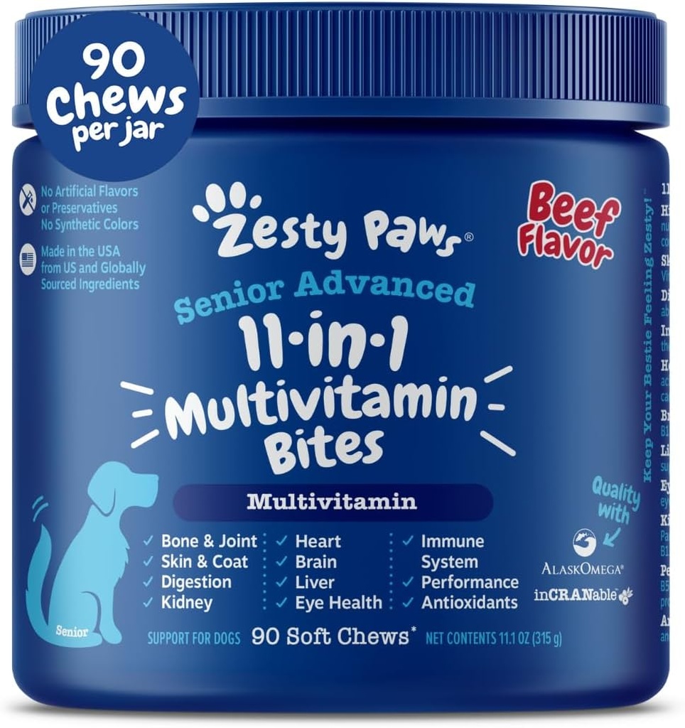 Zesty Paws Senior Dog Multivitamin Tedavileri - Köpekler için Glucosamine + Digestive Enzymes & Probiyotikler - Skin & Coat + Immune Health Beef - Advanced - 90ct
