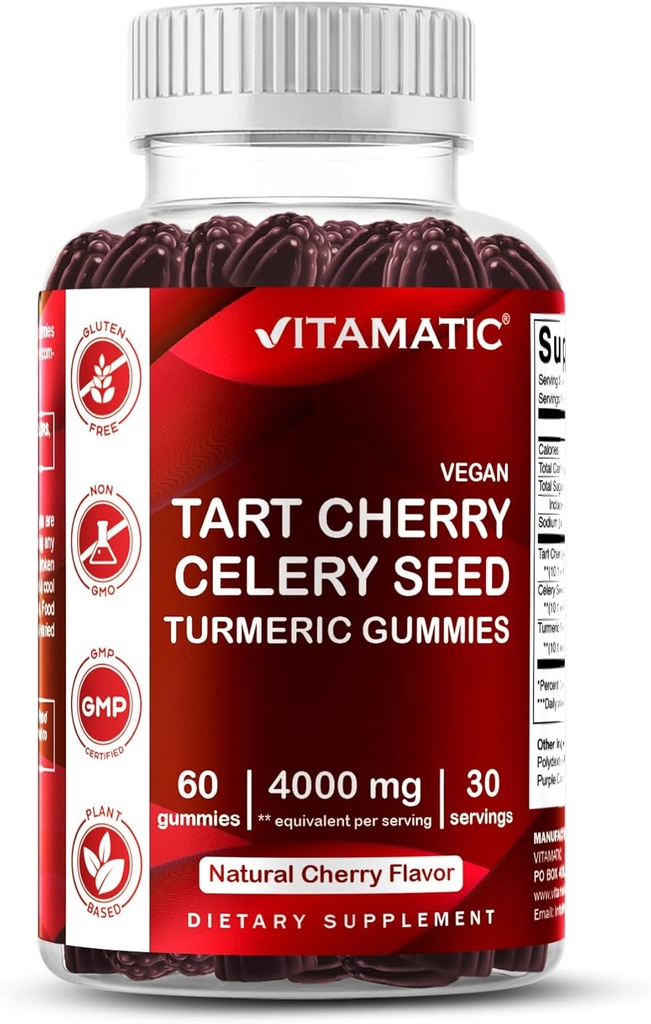 Vitamatic Tart Cherry with Celery Seed Gummies - 4000mg Equivalent Per Serving (from 10:1 Extract 400 mg)