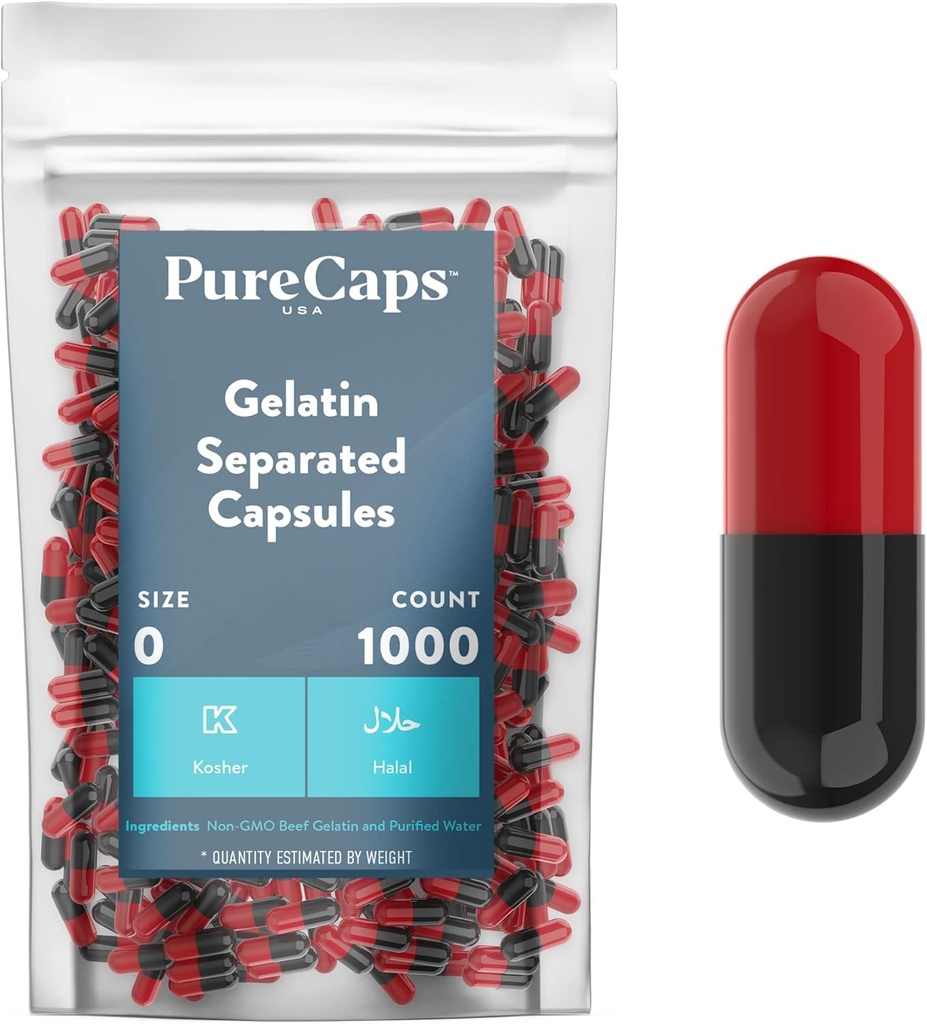 PureCaps USA - Boş Gelatin Capsules Boyutu 0 / 1000 Ayrılı Pills / Black / Red| Non-GMO sertifikalı | SLS, Gluten, Preservative Free Free
